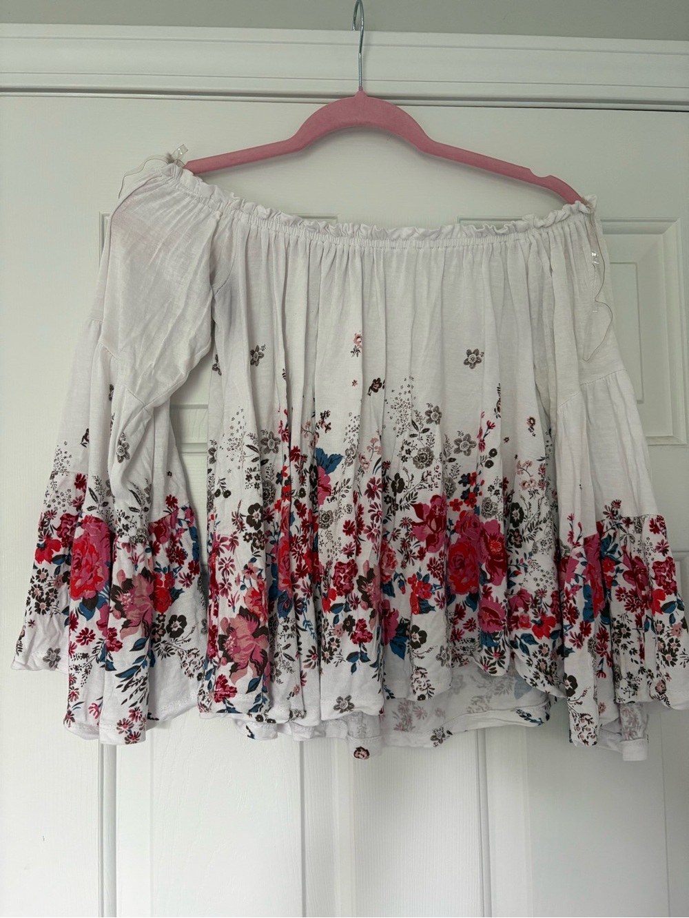 White Off-Shoulder Floral Peasant Tunic with Pink and Red Accents